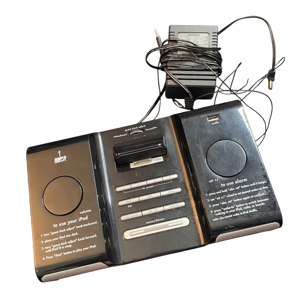 iHome HiH66B iPod Docking Station Dual Alarm Clock FM Radio USB Black Silver